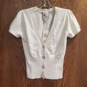 Pink Rose Short Sleeve Sweater with Buttons - White - Large NEW